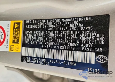 2015 Toyota Camry Le z USA, uszkodzony, nr VIN 4T4BF1FK7FR514579